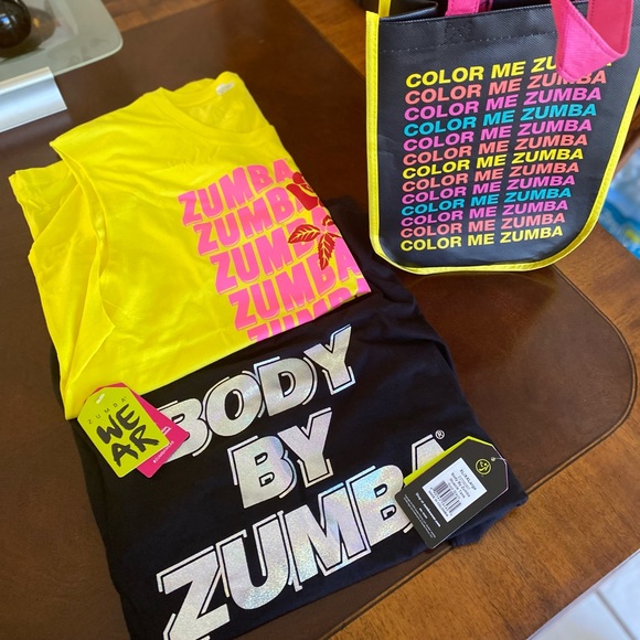 Zumba Fitness Accessories - Black/Silver Zumba Muscle Tee & Yellow/Pink Zumba Muscle Tee w/ Zumba Bag